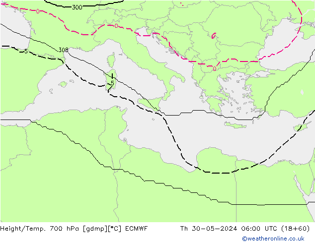 Height/Temp. 700 hPa ECMWF Th 30.05.2024 06 UTC