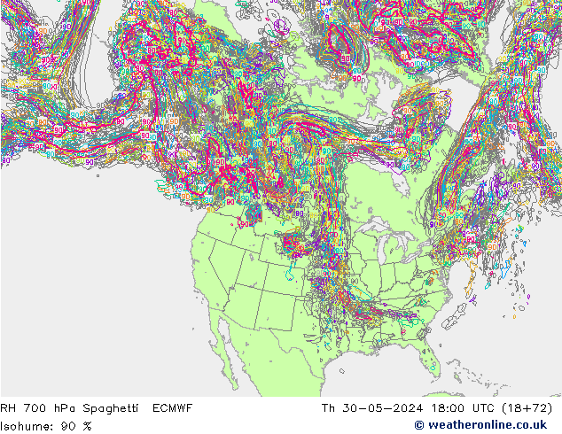 RH 700 hPa Spaghetti ECMWF Qui 30.05.2024 18 UTC