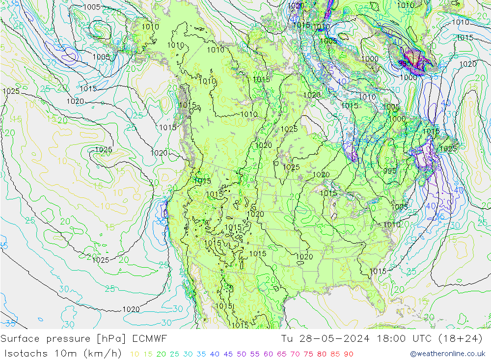 Isotachs (kph) ECMWF Tu 28.05.2024 18 UTC