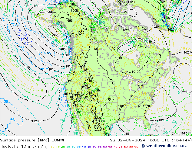 Isotachen (km/h) ECMWF So 02.06.2024 18 UTC