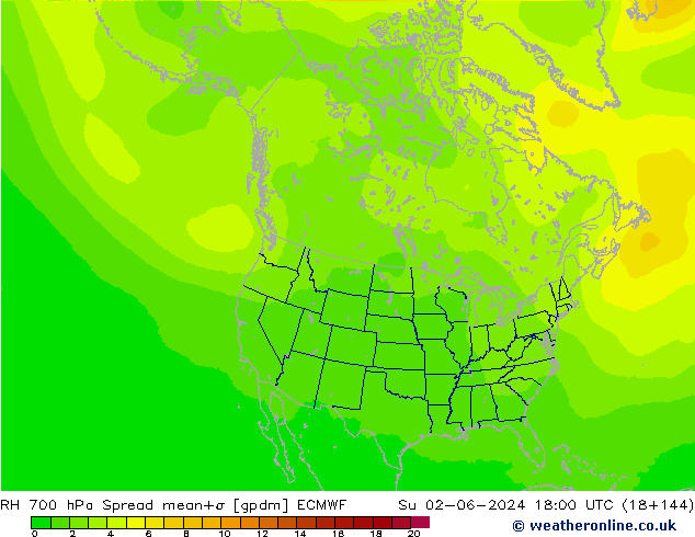 RH 700 hPa Spread ECMWF Su 02.06.2024 18 UTC