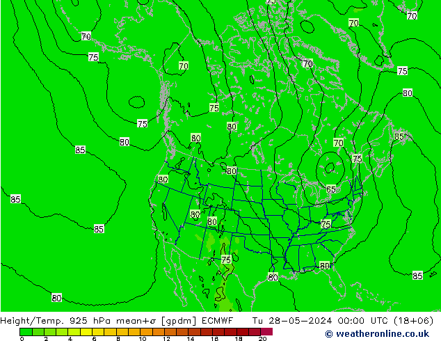 Height/Temp. 925 hPa ECMWF Út 28.05.2024 00 UTC