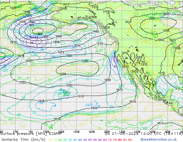 Isotachs (kph) ECMWF So 01.06.2024 12 UTC