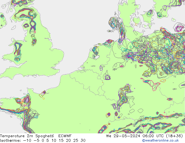 Temperatura 2m Spaghetti ECMWF Qua 29.05.2024 06 UTC