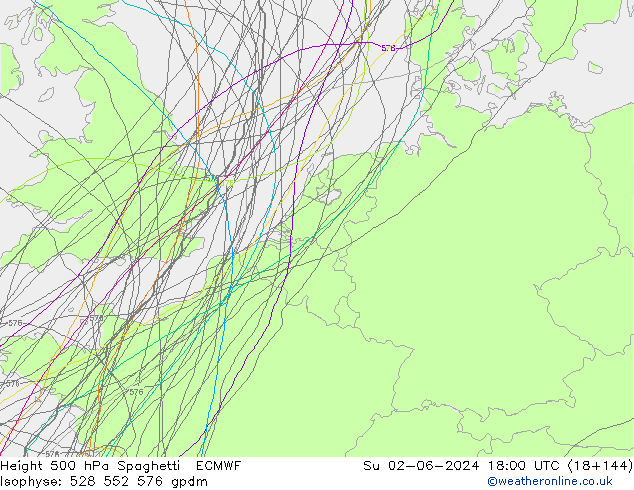 Height 500 hPa Spaghetti ECMWF So 02.06.2024 18 UTC