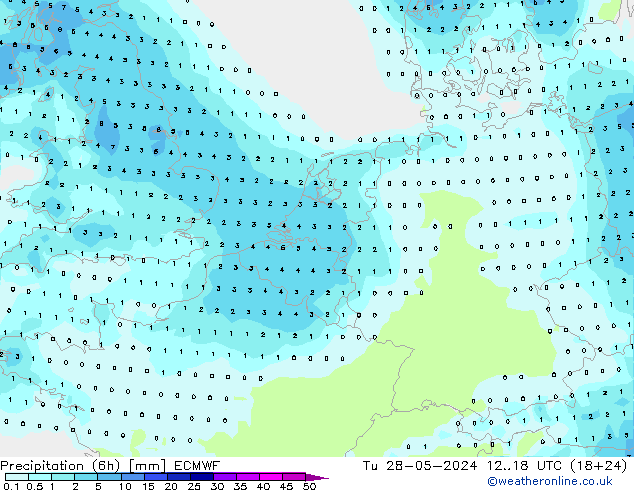 Precipitación (6h) ECMWF mar 28.05.2024 18 UTC