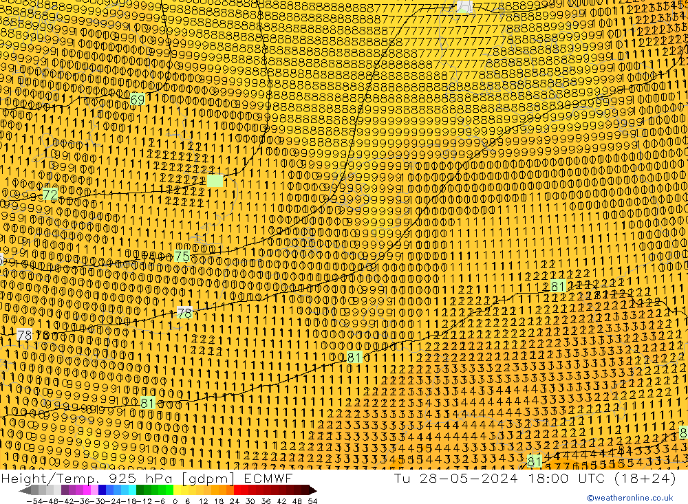 Height/Temp. 925 hPa ECMWF mar 28.05.2024 18 UTC