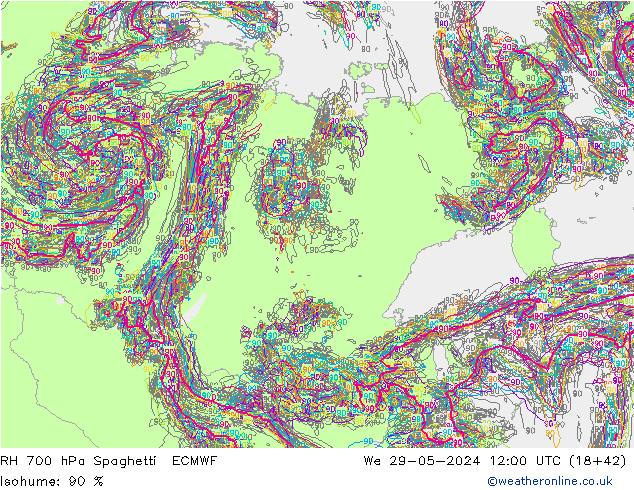 RH 700 hPa Spaghetti ECMWF St 29.05.2024 12 UTC