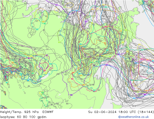 Height/Temp. 925 hPa ECMWF Su 02.06.2024 18 UTC