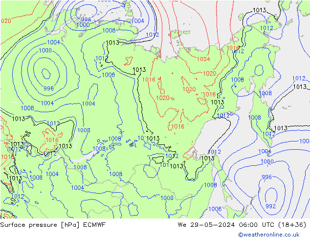 Luchtdruk (Grond) ECMWF wo 29.05.2024 06 UTC