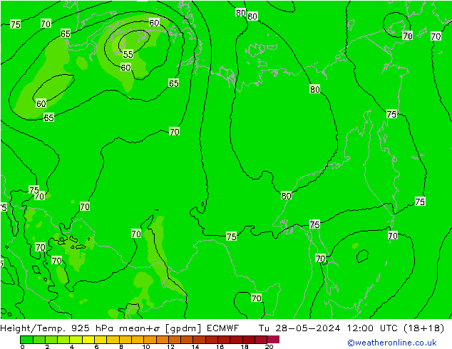 Height/Temp. 925 hPa ECMWF Tu 28.05.2024 12 UTC