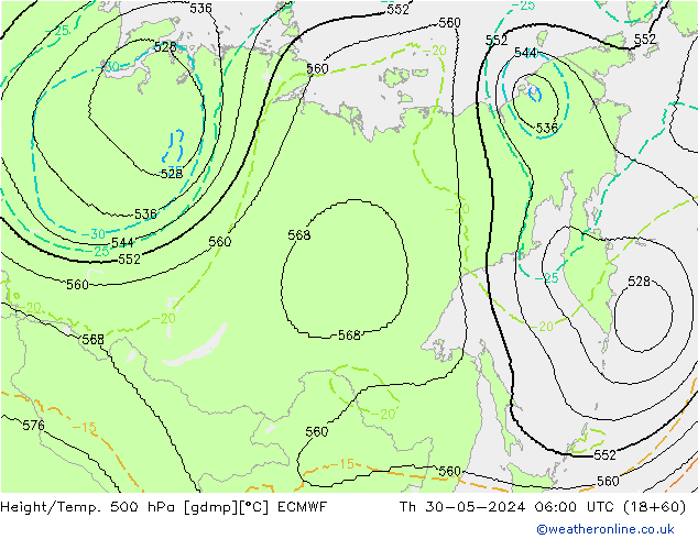 Height/Temp. 500 hPa ECMWF Qui 30.05.2024 06 UTC