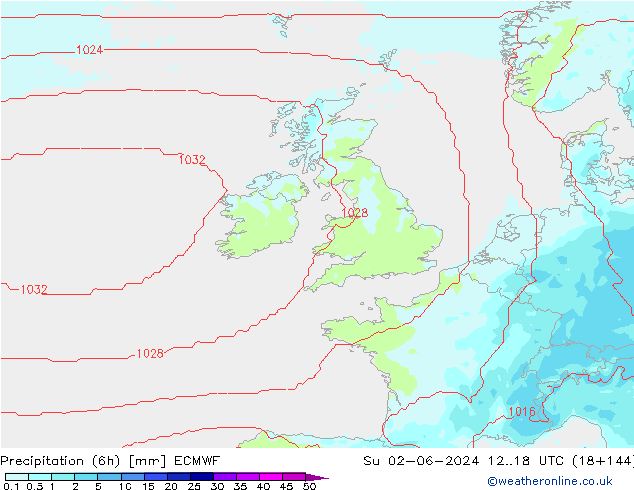 Precipitation (6h) ECMWF Su 02.06.2024 18 UTC