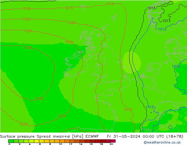 Surface pressure Spread ECMWF Fr 31.05.2024 00 UTC