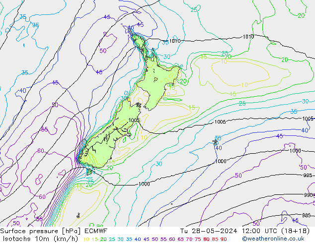 Izotacha (km/godz) ECMWF wto. 28.05.2024 12 UTC