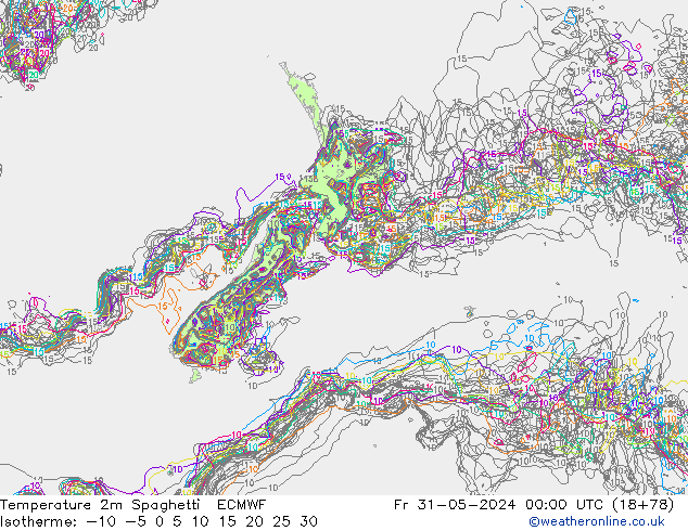 Temperatuurkaart Spaghetti ECMWF vr 31.05.2024 00 UTC