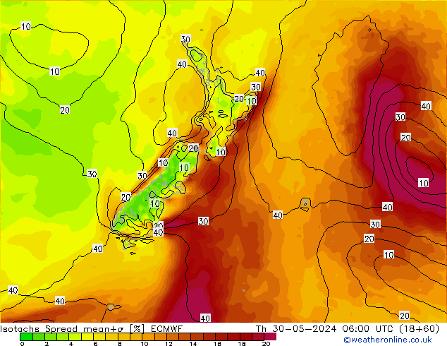 Isotachs Spread ECMWF gio 30.05.2024 06 UTC