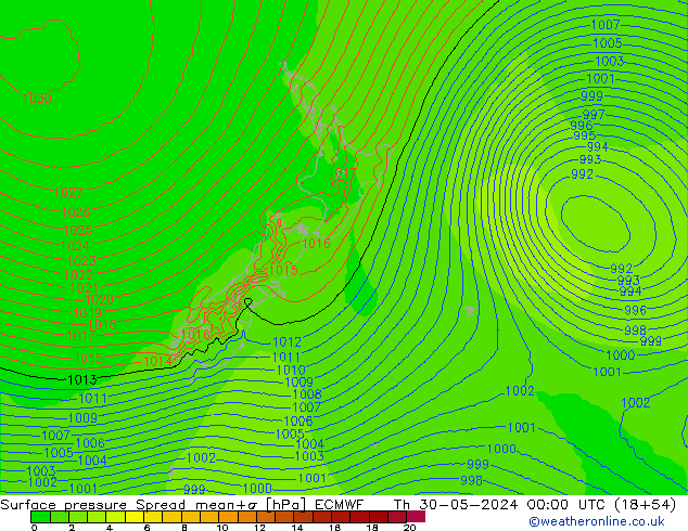 Surface pressure Spread ECMWF Th 30.05.2024 00 UTC