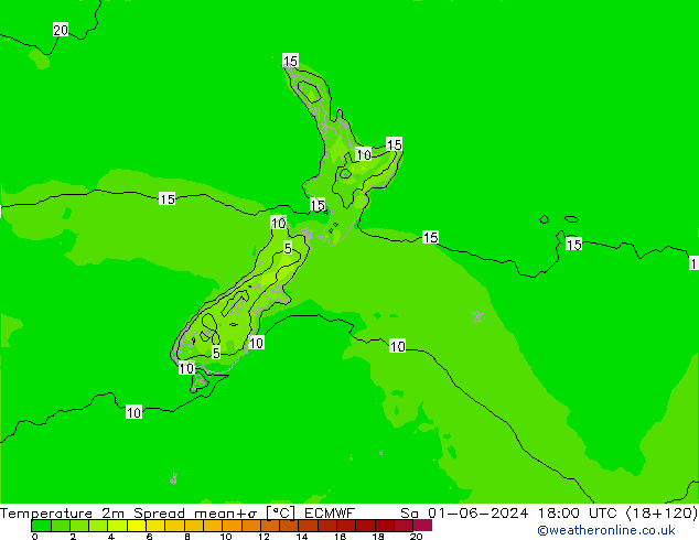 Temperature 2m Spread ECMWF Sa 01.06.2024 18 UTC