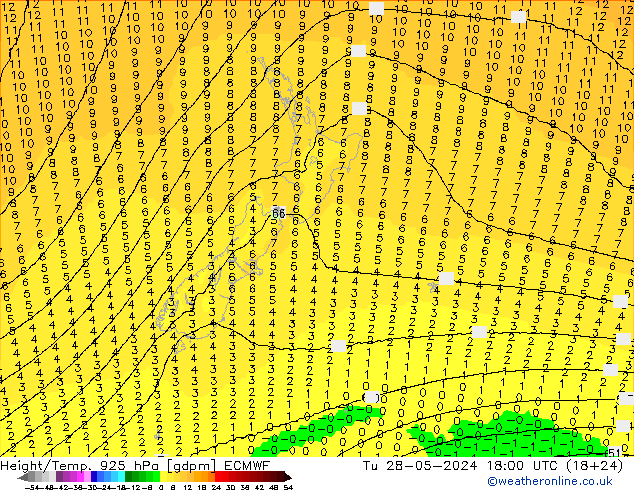 Hoogte/Temp. 925 hPa ECMWF di 28.05.2024 18 UTC