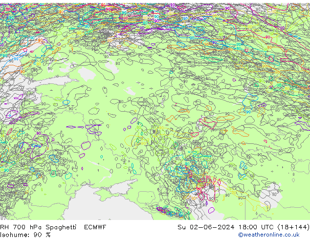 RH 700 hPa Spaghetti ECMWF Su 02.06.2024 18 UTC