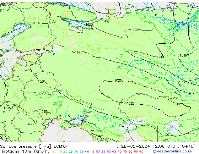 Isotachs (kph) ECMWF Tu 28.05.2024 12 UTC