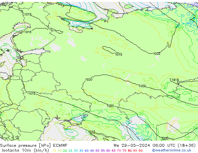 Izotacha (km/godz) ECMWF śro. 29.05.2024 06 UTC