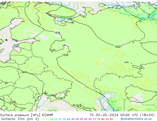 Isotaca (kph) ECMWF jue 30.05.2024 00 UTC
