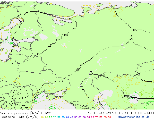 Isotachs (kph) ECMWF Dom 02.06.2024 18 UTC