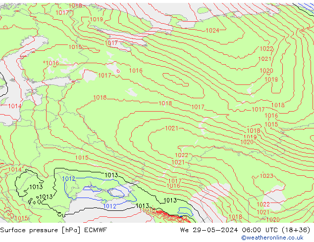 Presión superficial ECMWF mié 29.05.2024 06 UTC