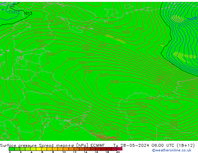 Pressione al suolo Spread ECMWF mar 28.05.2024 06 UTC