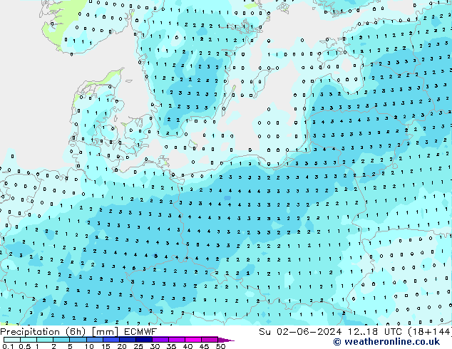 Totale neerslag (6h) ECMWF zo 02.06.2024 18 UTC