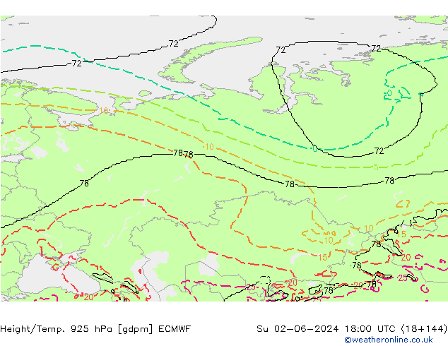 Height/Temp. 925 hPa ECMWF Su 02.06.2024 18 UTC