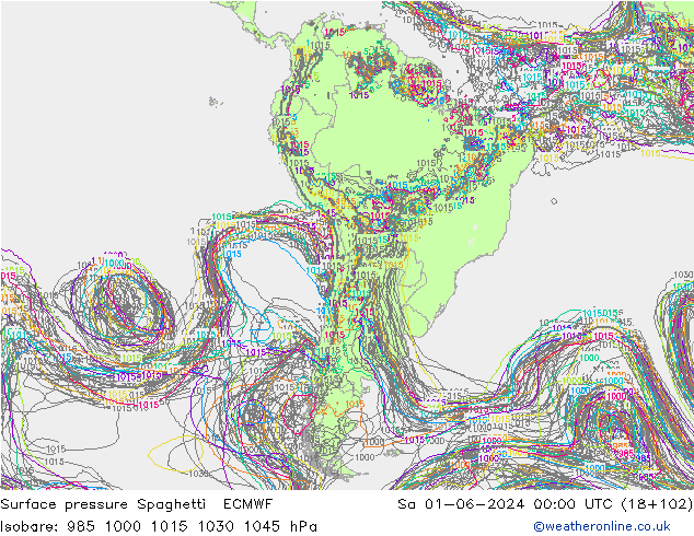 Luchtdruk op zeeniveau Spaghetti ECMWF za 01.06.2024 00 UTC