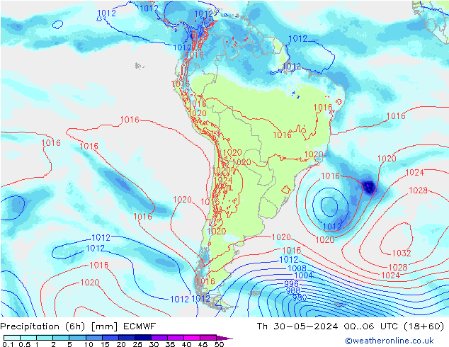 Precipitation (6h) ECMWF Čt 30.05.2024 06 UTC