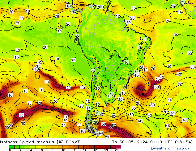 Isotachs Spread ECMWF Čt 30.05.2024 00 UTC