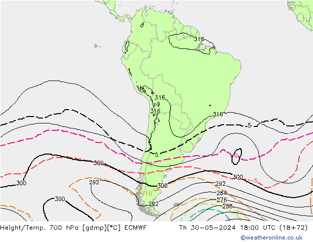 Height/Temp. 700 hPa ECMWF czw. 30.05.2024 18 UTC