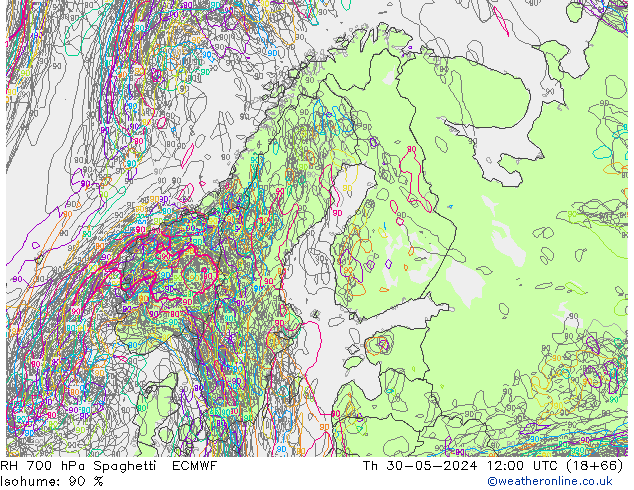 Humidité rel. 700 hPa Spaghetti ECMWF jeu 30.05.2024 12 UTC