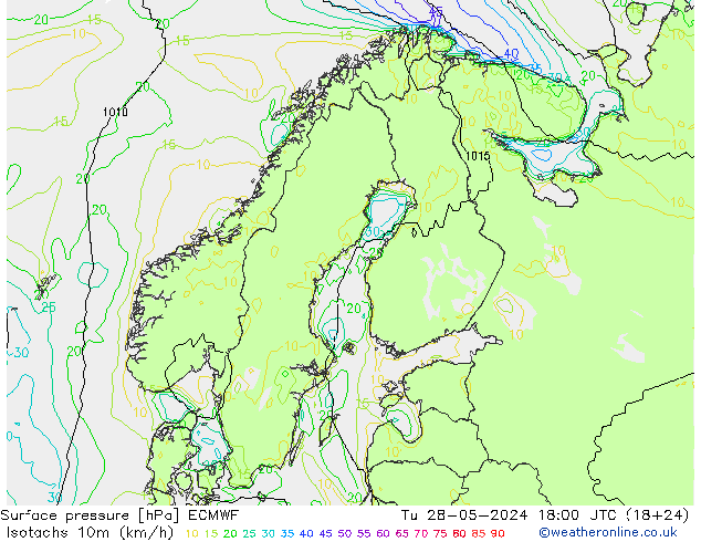 Eşrüzgar Hızları (km/sa) ECMWF Sa 28.05.2024 18 UTC