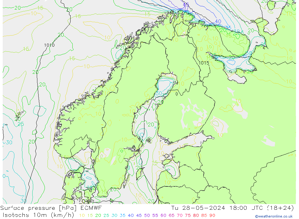 Isotachen (km/h) ECMWF Di 28.05.2024 18 UTC
