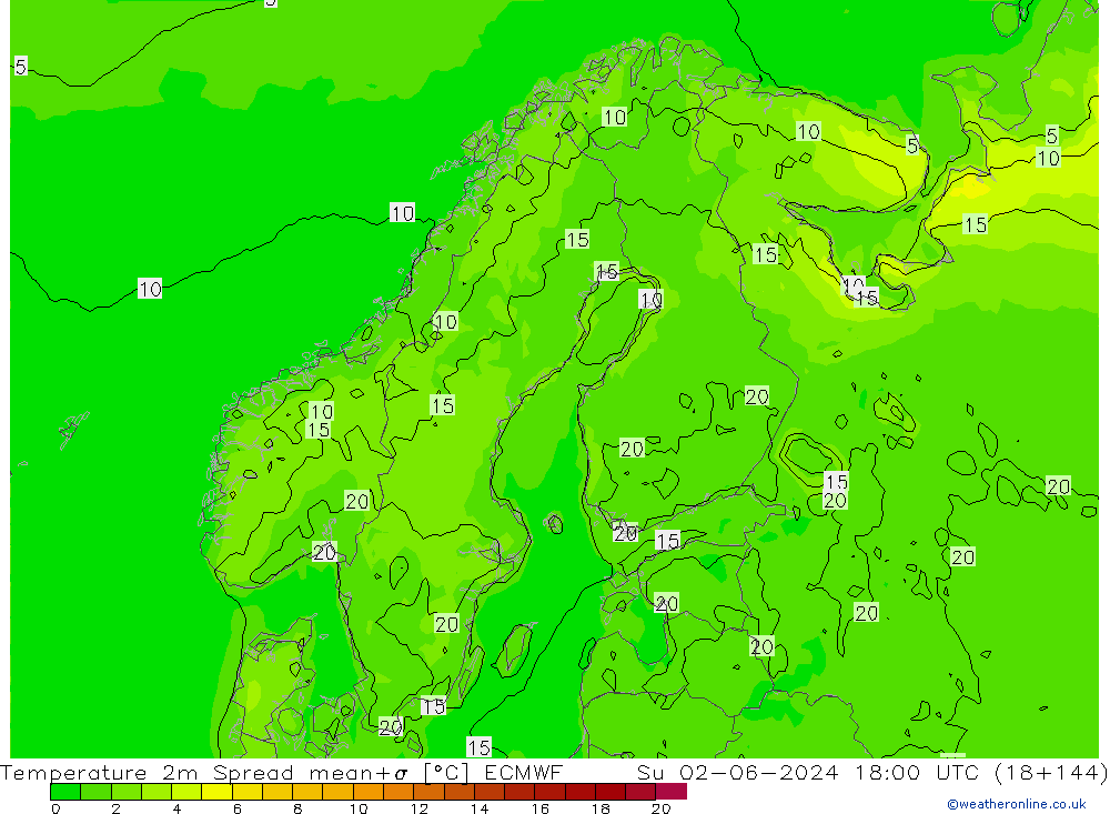 Temperatura 2m Spread ECMWF dom 02.06.2024 18 UTC