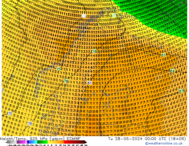 Height/Temp. 925 hPa ECMWF Út 28.05.2024 00 UTC