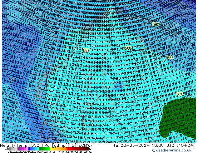 Height/Temp. 500 hPa ECMWF Di 28.05.2024 18 UTC