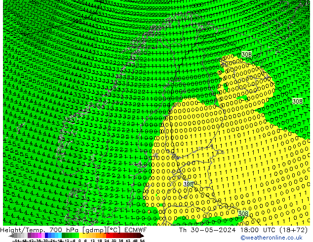 Height/Temp. 700 hPa ECMWF czw. 30.05.2024 18 UTC