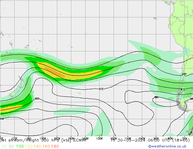 Jet stream/Height 300 hPa ECMWF Čt 30.05.2024 06 UTC