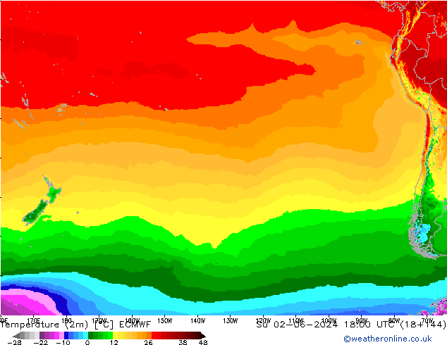 Sıcaklık Haritası (2m) ECMWF Paz 02.06.2024 18 UTC