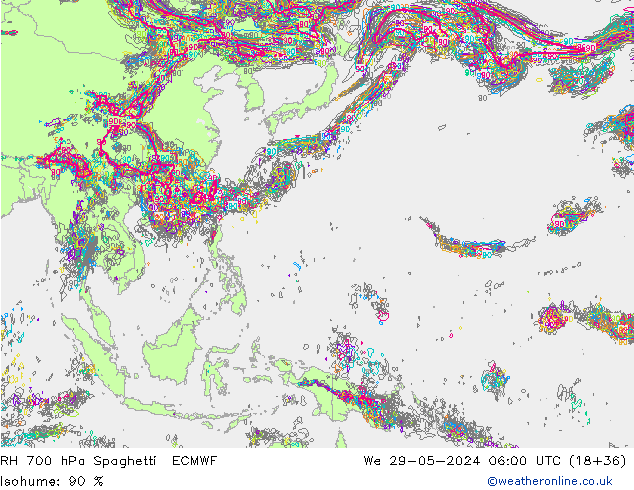 RH 700 hPa Spaghetti ECMWF  29.05.2024 06 UTC