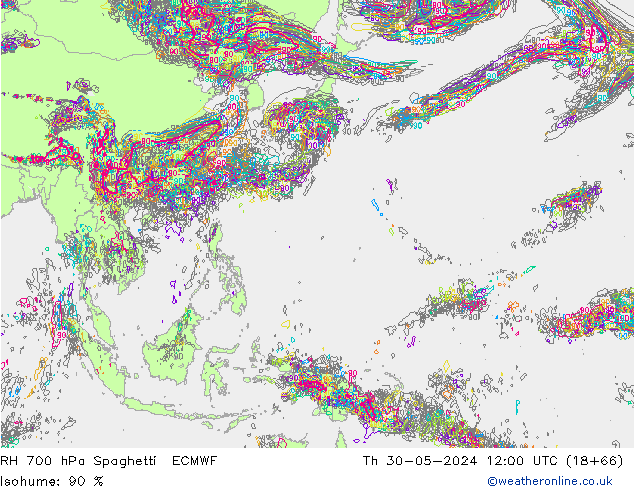 RH 700 гПа Spaghetti ECMWF чт 30.05.2024 12 UTC