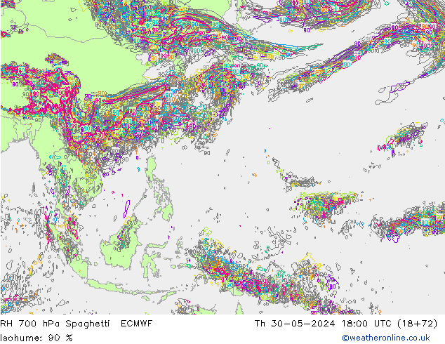 RH 700 hPa Spaghetti ECMWF Čt 30.05.2024 18 UTC