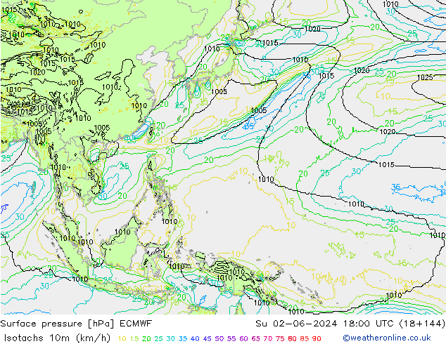 Isotachen (km/h) ECMWF zo 02.06.2024 18 UTC